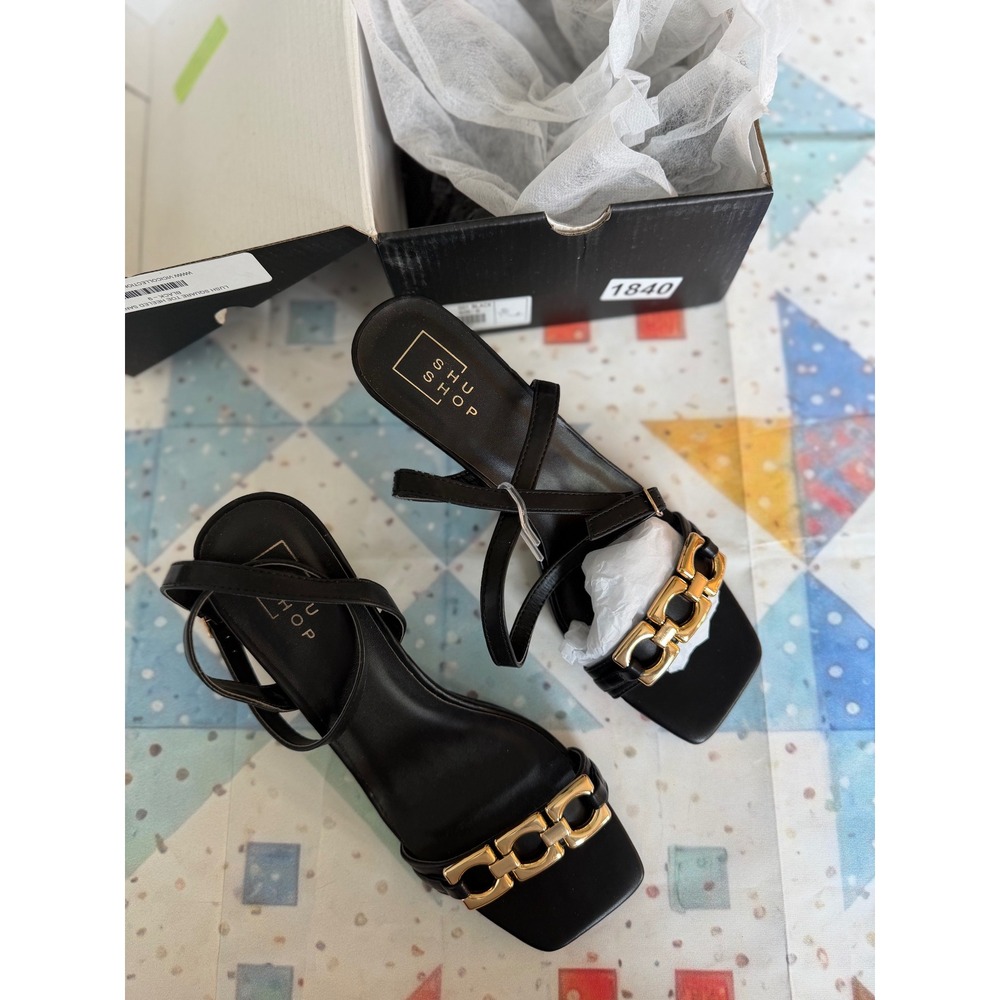 Shu Shop Lush Black Square Toe Heeled Sandals Gold Chain Detail Size 9 NEW